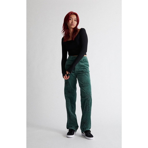 NWT PacSun Green Corduroy Embroidered Boyfriend Jean Doodle Baggy Womens Size 28 - Picture 3 of 16